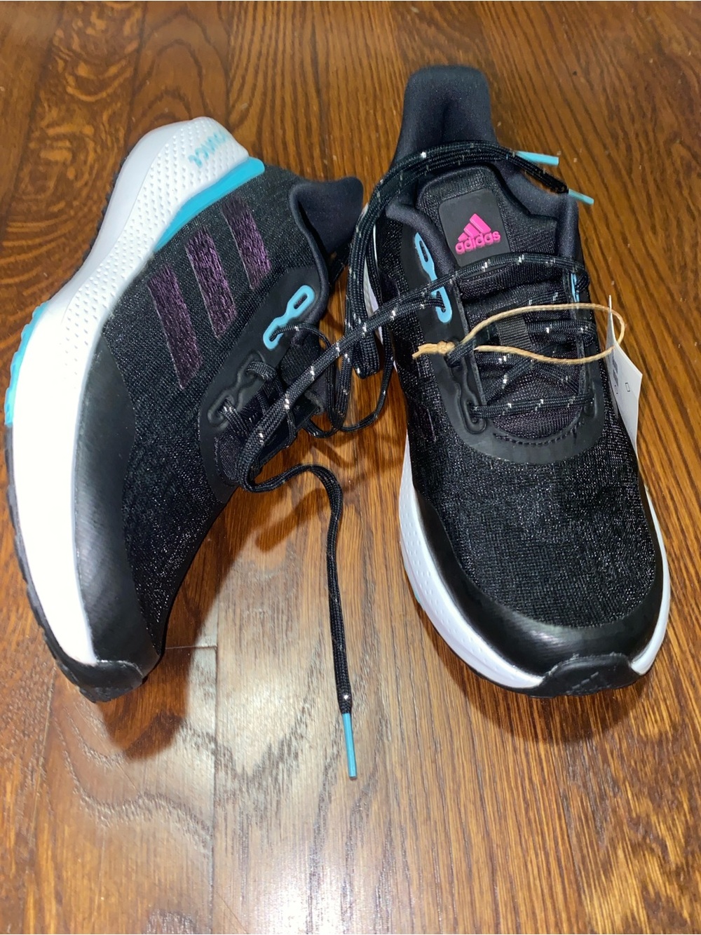 3.5 youth Adidas Black Athletic Sneakers with Aqua and purple Accent